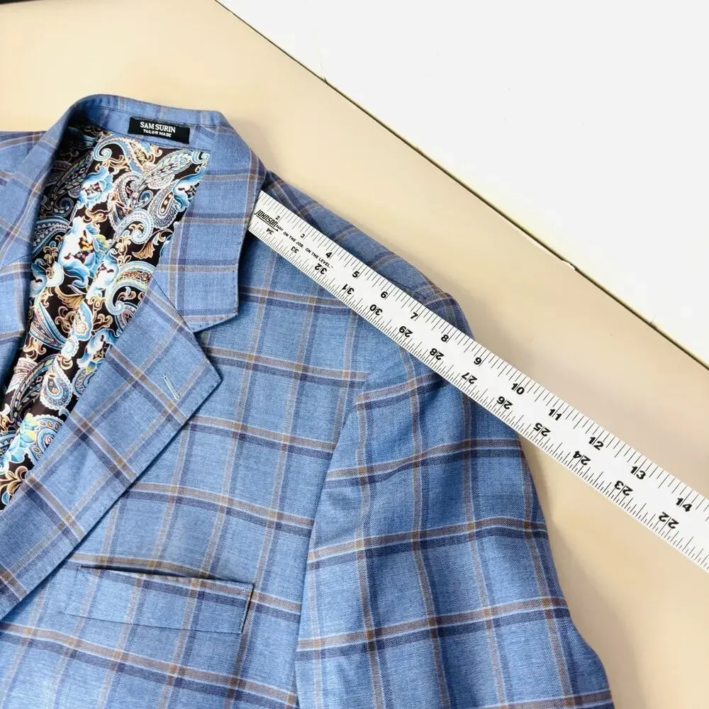 Sam Surin Blazer Jacket 2 Button Blue Plaid Size 50L Biella Italy Wool Fabric